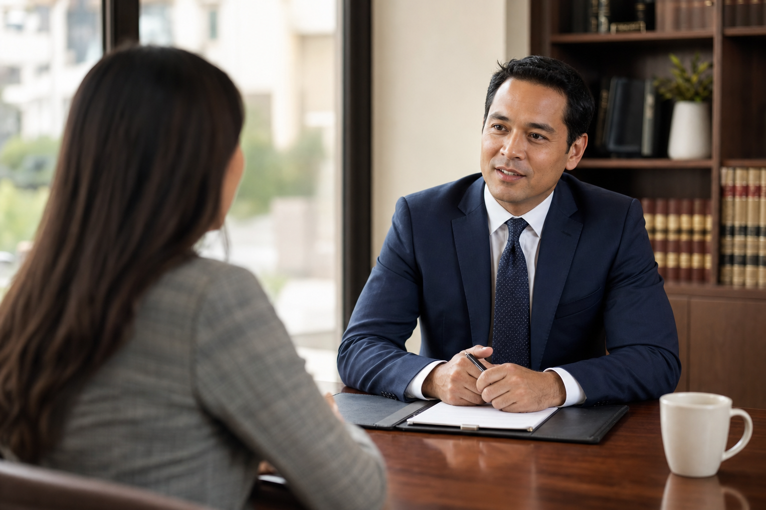 Attorney meeting with client in a modern conference room